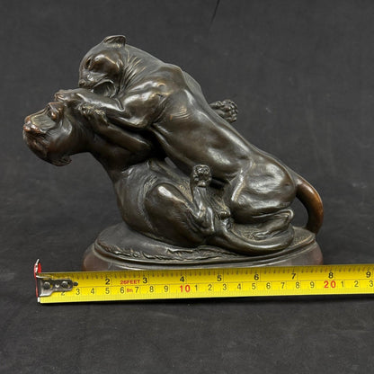 Bronze Sculpture Two Panthers Fighting Wild Animal Art Statue Figurine 9"x7"