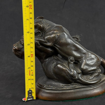 Bronze Sculpture Two Panthers Fighting Wild Animal Art Statue Figurine 9"x7"
