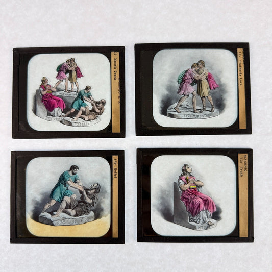 RARE 4 Antique Masonic Magic Lantern Slides Hand-Colored c.1890 Fraternal Tenets