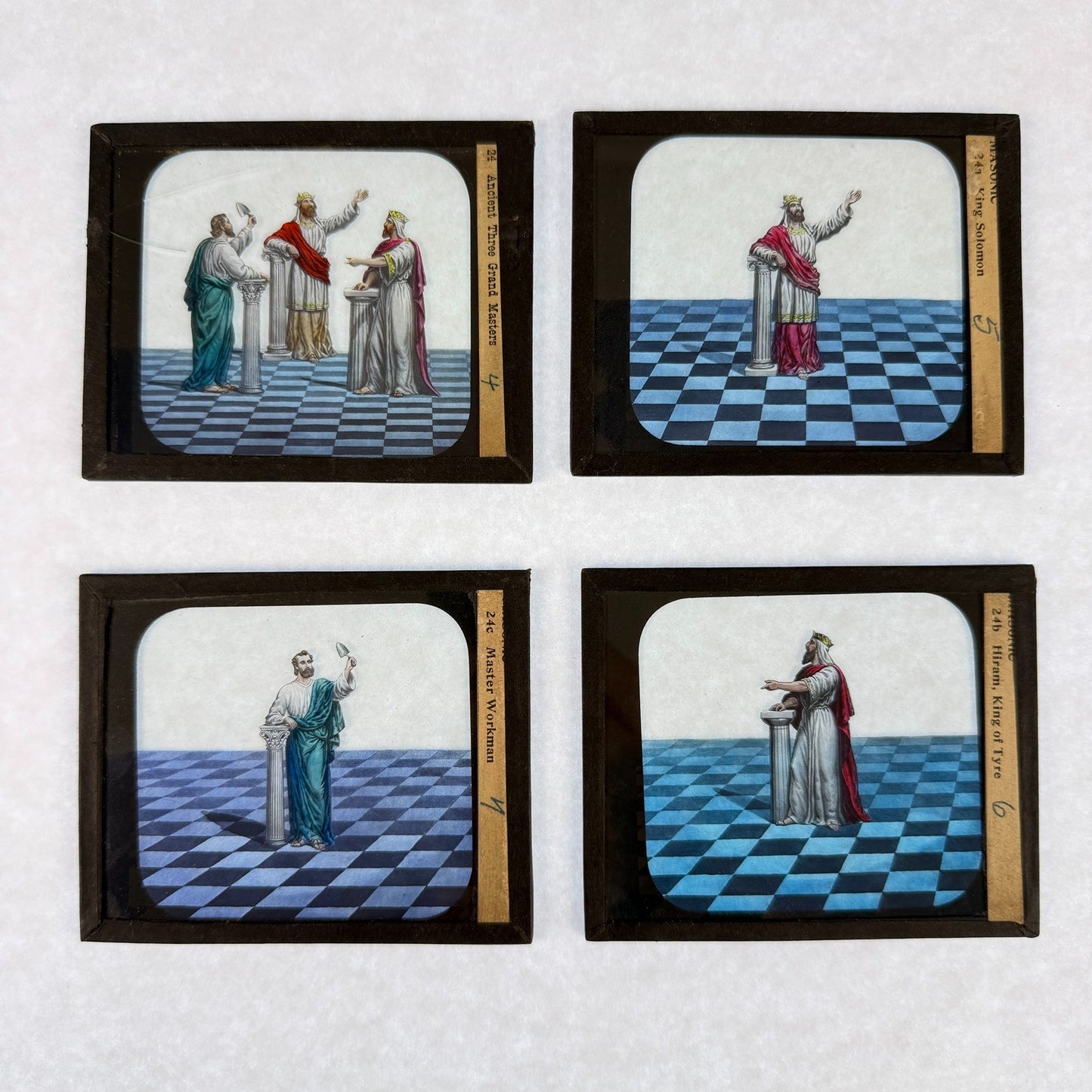 RARE 4 Antique Masonic Magic Lantern Slides 3 Grand Masters Hand-Colored c.1890