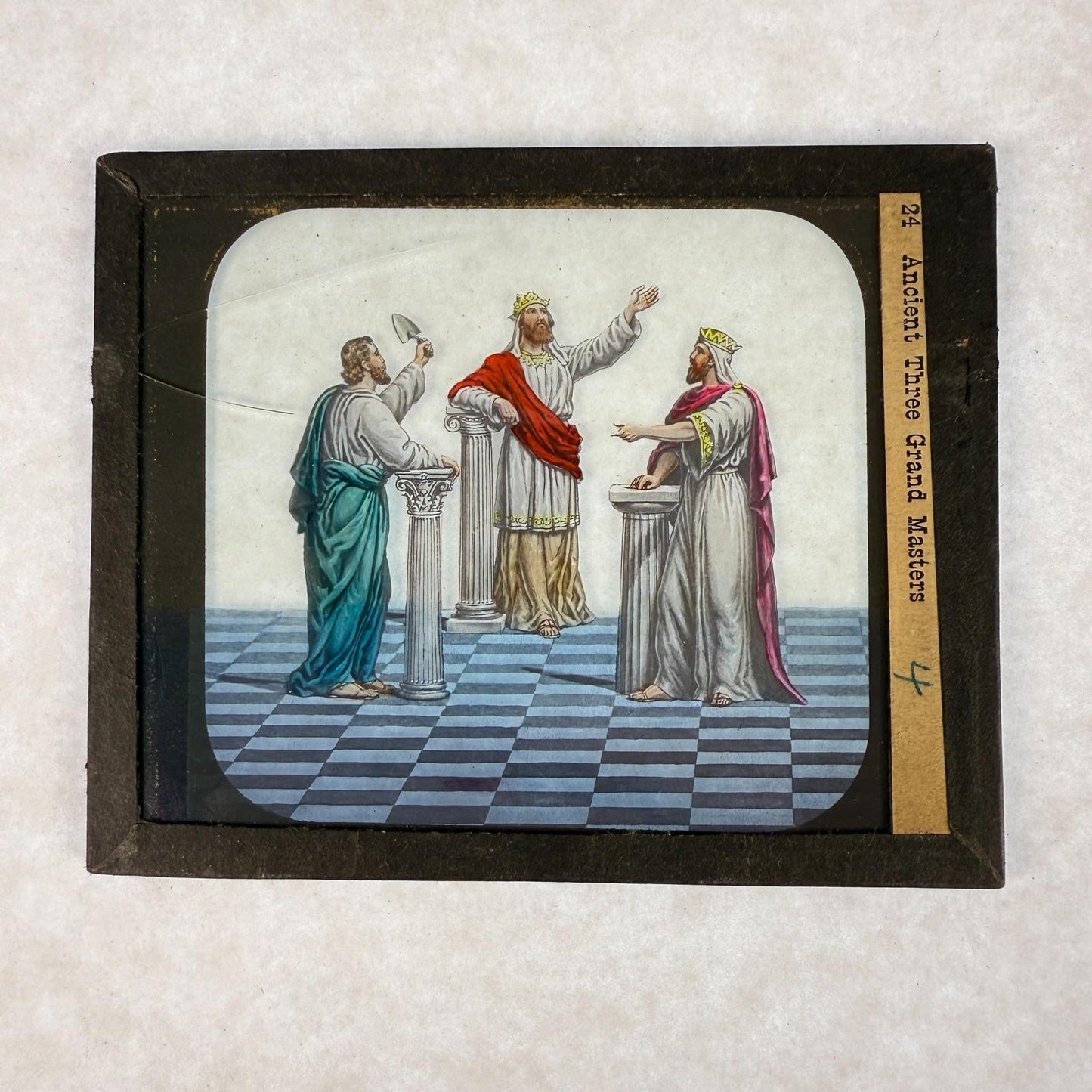 RARE 4 Antique Masonic Magic Lantern Slides 3 Grand Masters Hand-Colored c.1890