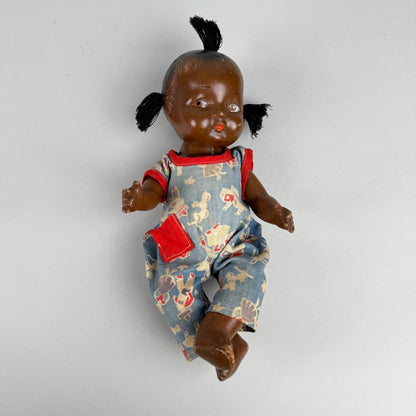 Vintage Topsy African American Child Composition Doll with Blue Overalls 10"