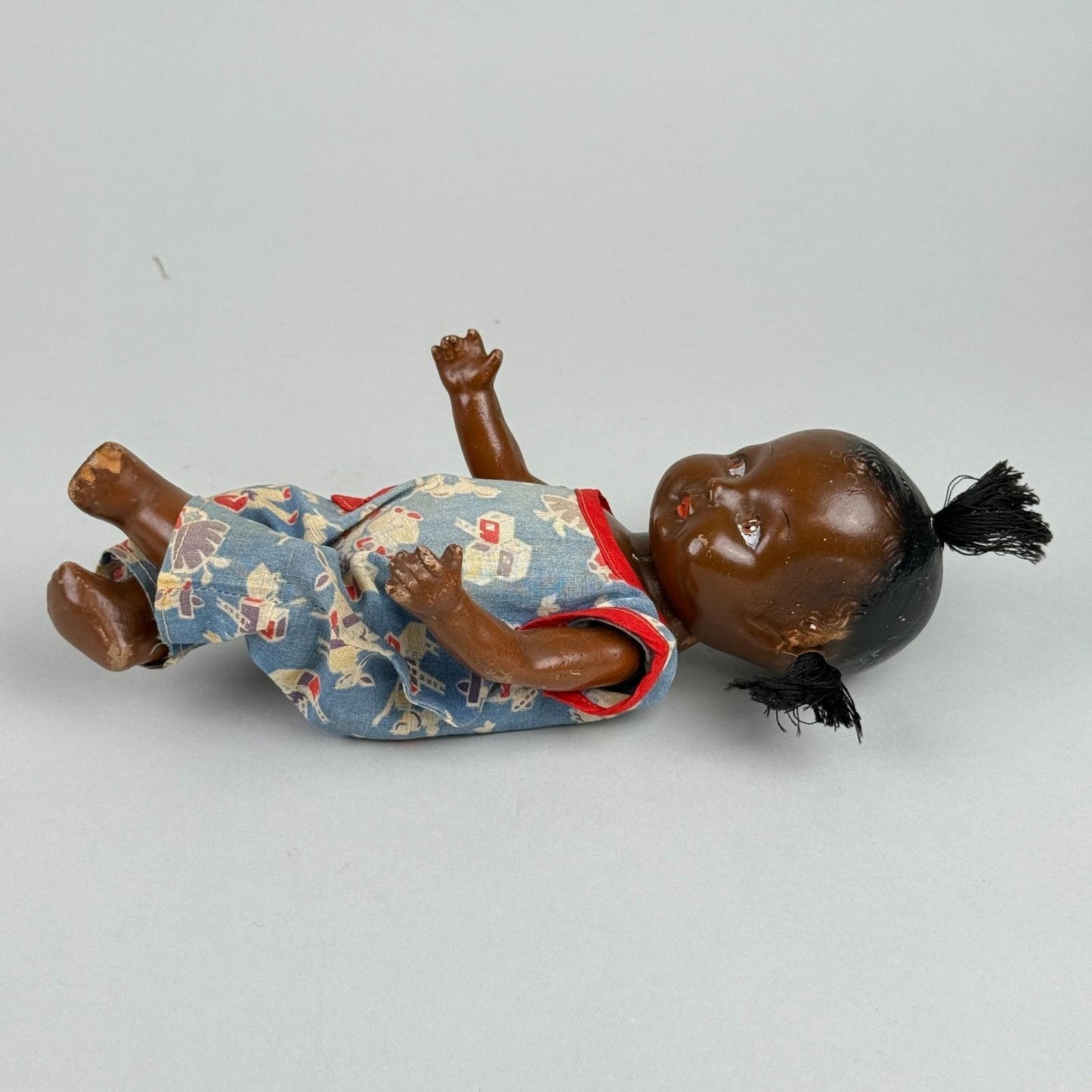 Vintage Topsy African American Child Composition Doll with Blue Overalls 10"