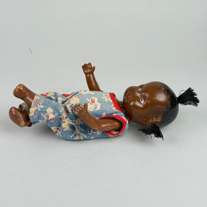 Vintage Topsy African American Child Composition Doll with Blue Overalls 10"