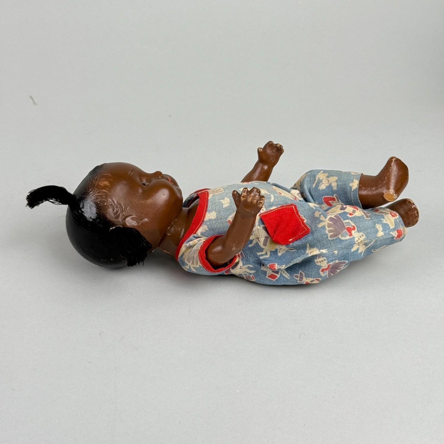 Vintage Topsy African American Child Composition Doll with Blue Overalls 10"