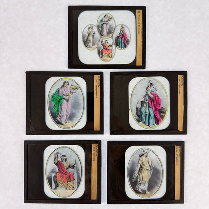 RARE 5 Antique Masonic Magic Lantern Slides Cardinal Virtues Hand-Colored c.1890