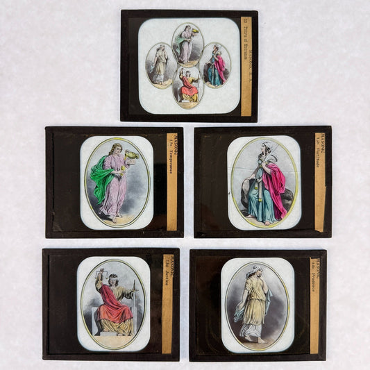 RARE 5 Antique Masonic Magic Lantern Slides Cardinal Virtues Hand-Colored c.1890