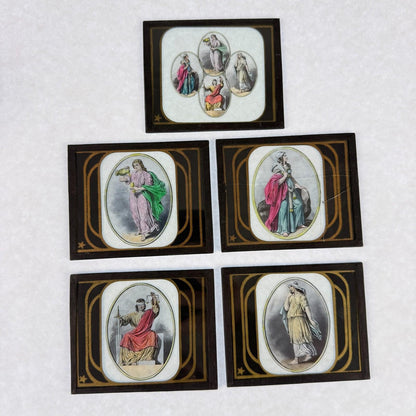 RARE 5 Antique Masonic Magic Lantern Slides Cardinal Virtues Hand-Colored c.1890