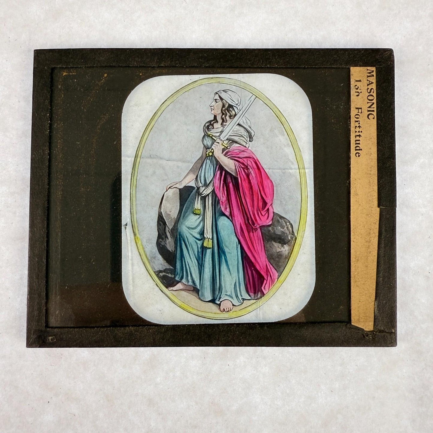 RARE 5 Antique Masonic Magic Lantern Slides Cardinal Virtues Hand-Colored c.1890
