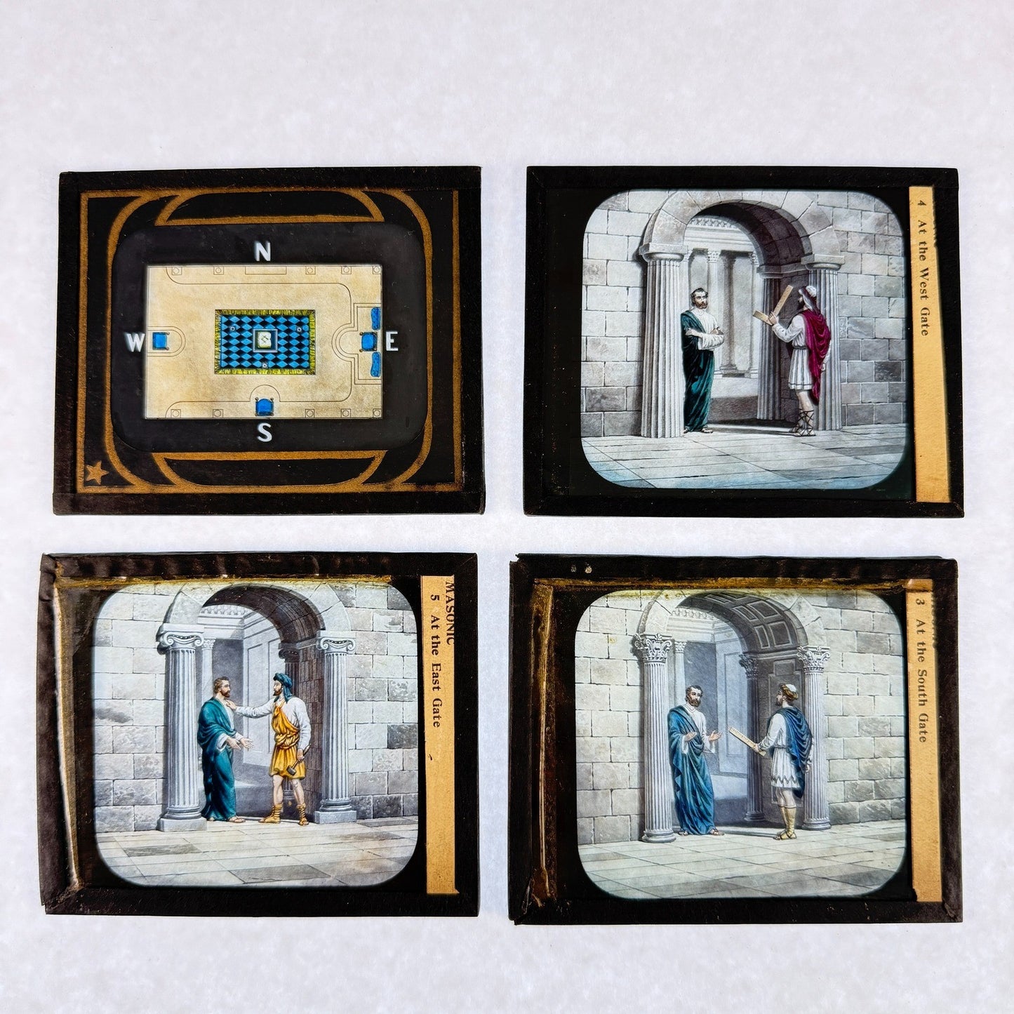 RARE 4 Antique Masonic Magic Lantern Slides Floor, Gates Hand-Colored c.1890