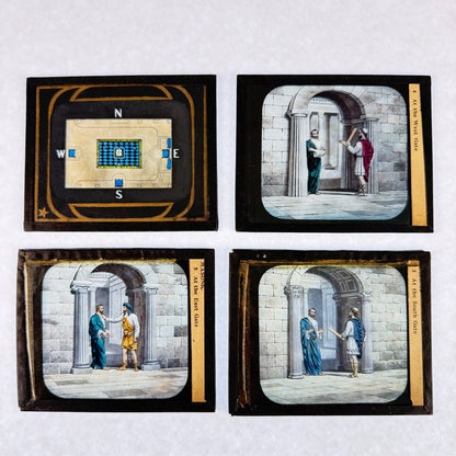 RARE 4 Antique Masonic Magic Lantern Slides Floor, Gates Hand-Colored c.1890