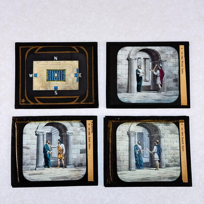 RARE 4 Antique Masonic Magic Lantern Slides Floor, Gates Hand-Colored c.1890