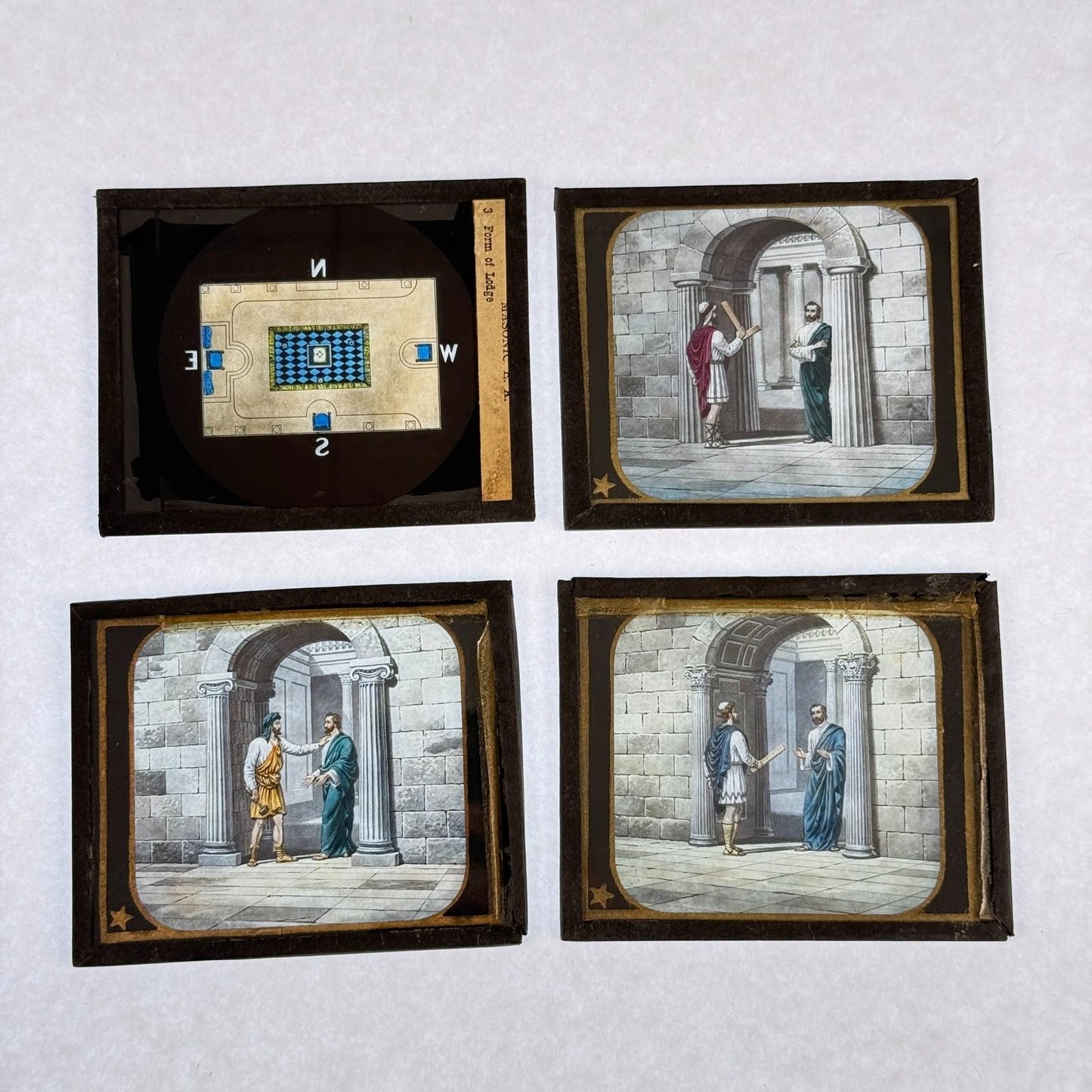 RARE 4 Antique Masonic Magic Lantern Slides Floor, Gates Hand-Colored c.1890