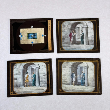 RARE 4 Antique Masonic Magic Lantern Slides Floor, Gates Hand-Colored c.1890