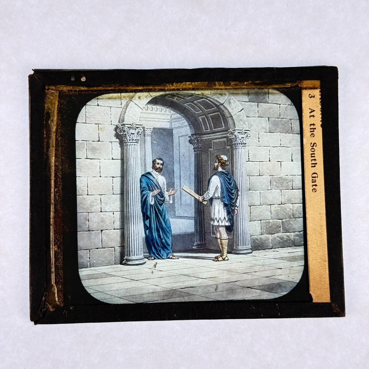 RARE 4 Antique Masonic Magic Lantern Slides Floor, Gates Hand-Colored c.1890