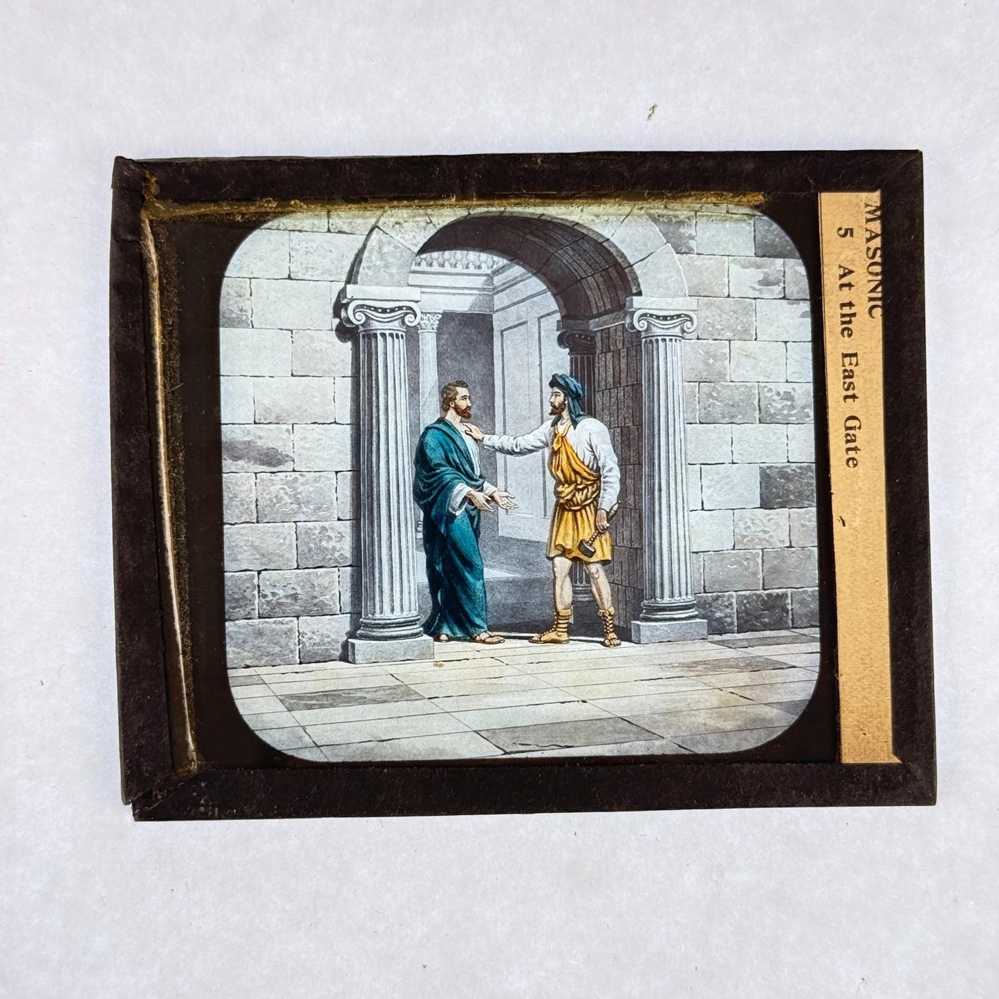 RARE 4 Antique Masonic Magic Lantern Slides Floor, Gates Hand-Colored c.1890