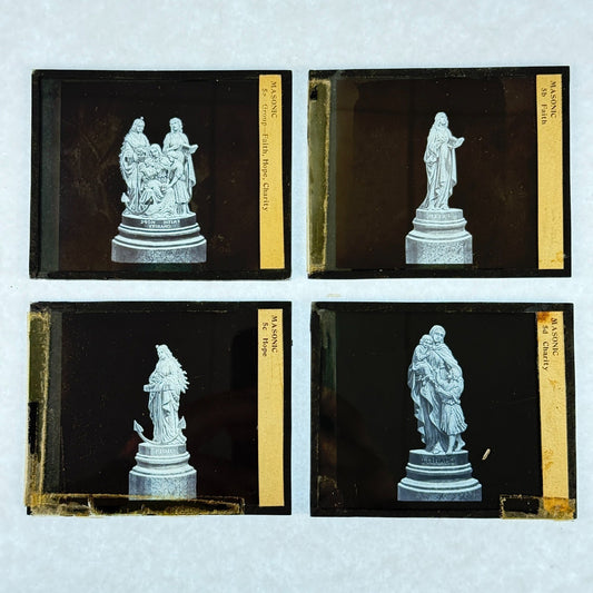 RARE 4 Antique Masonic Lantern Slides Virtue Statues c.1890 Complete Series