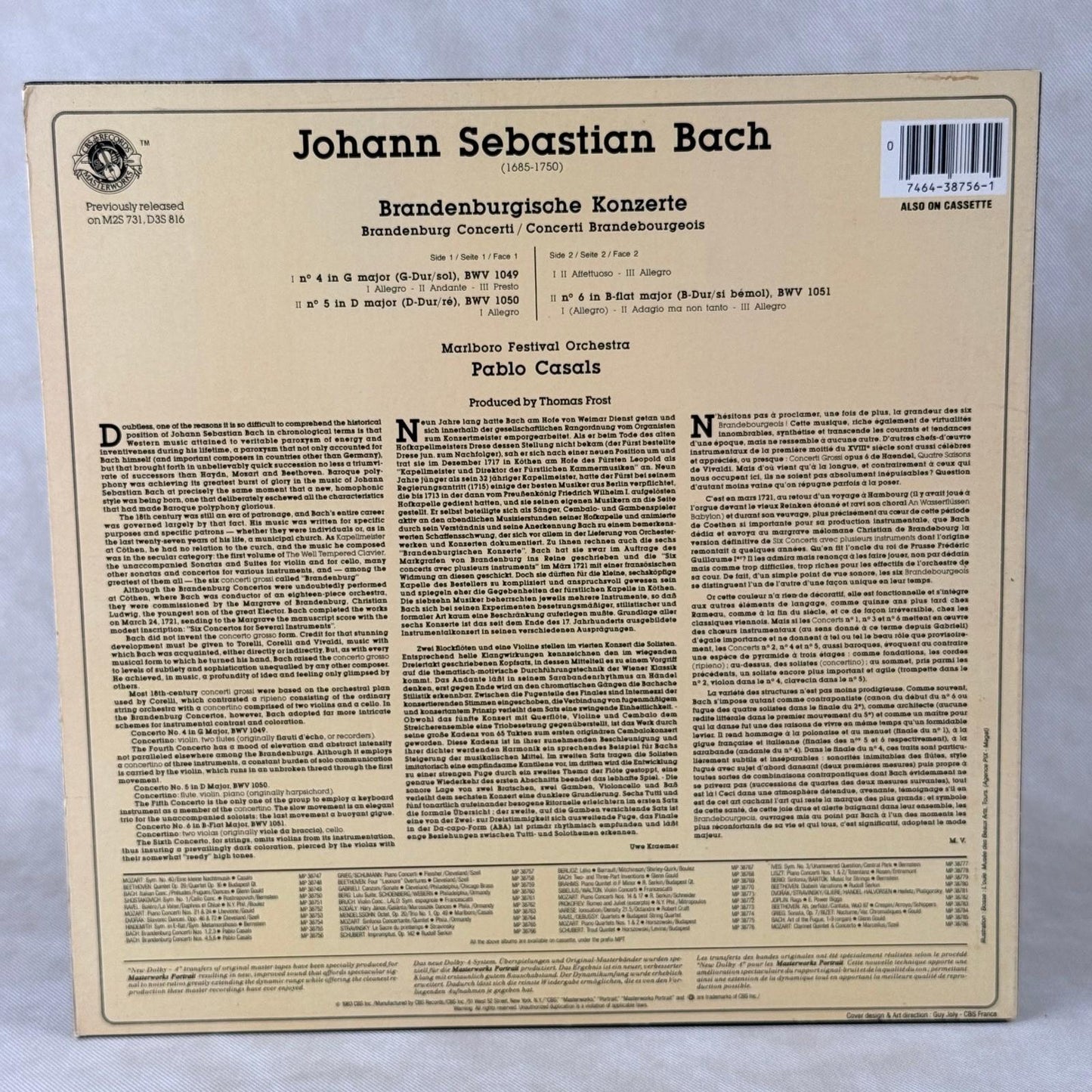 CBS Bach Brandenburg Concertos Vol II Pablo Casals Marlboro Vinyl Record NM