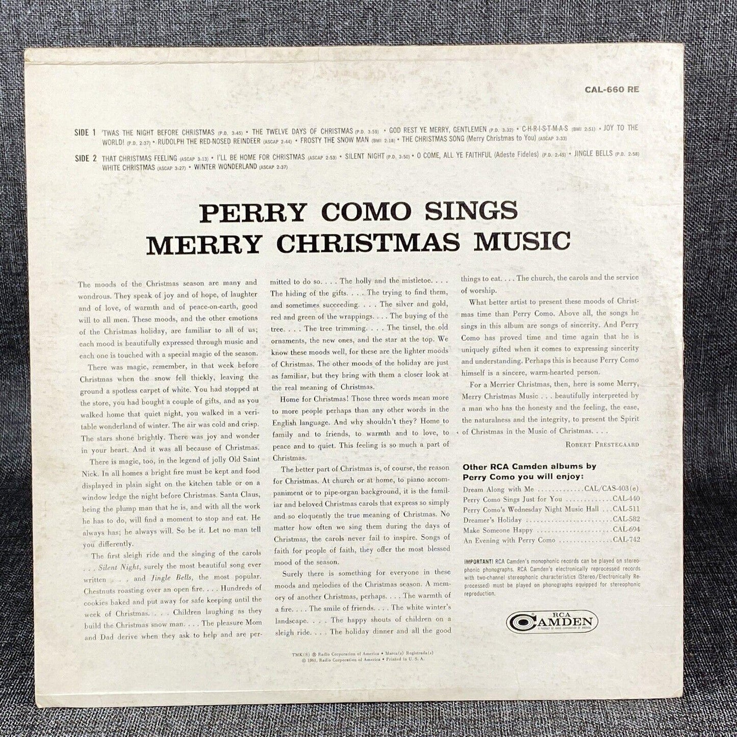 The Perry Como Christmas Album RCA Camden Vinyl LP CAL-660 RE