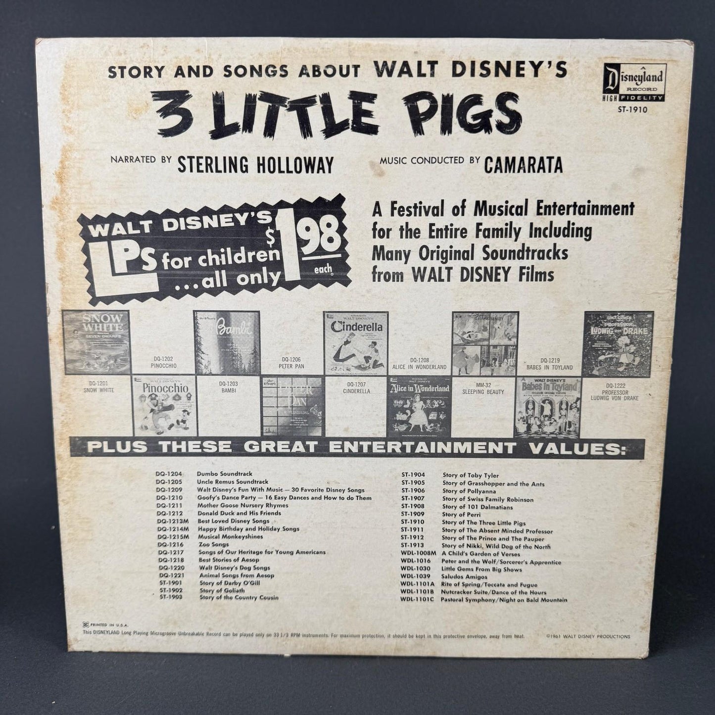 Disneyland Three Little Pigs Vinyl LP Kids 12" Black ST-1910 - GOOD