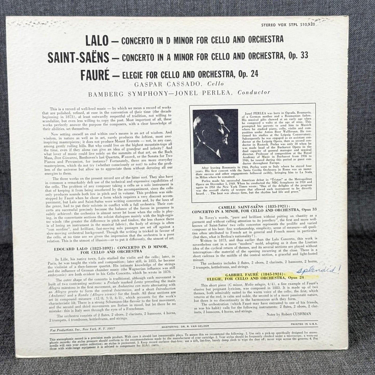 Saint Saens Lalo Faure Concerti for Cello STPL 510.910 LP Vinyl Record