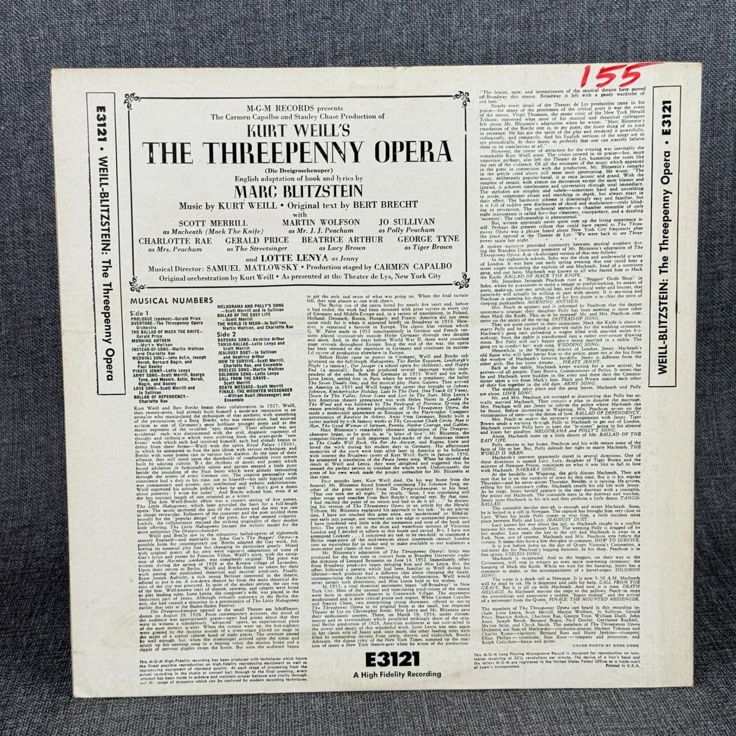 Kurt Weill's The Threepenny Opera Vinyl Record Album MGM E3121 - NEAR MINT