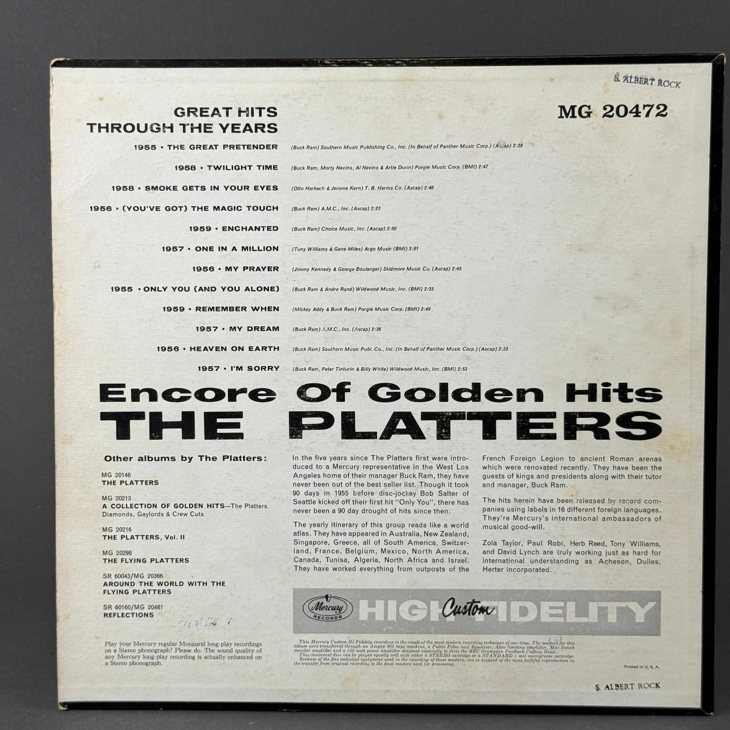 The Platters Encore Of Golden Hits Vinyl LP 12" Black EX MG-20472 Mercury