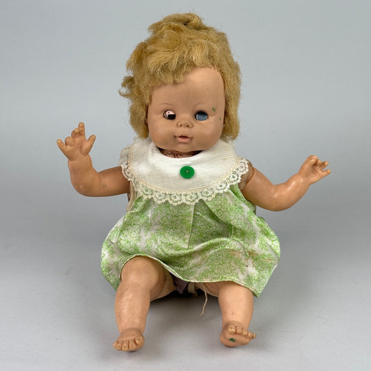 Vintage 1950s Horsman Mechanical Baby Doll 12" – Sleep Eyes, Mohair Wig, Wind-Up