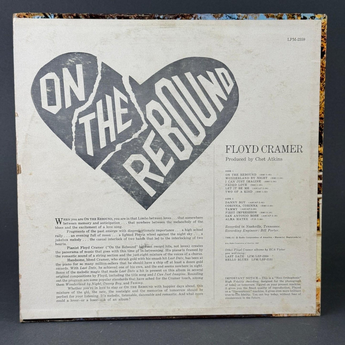Floyd Cramer On the Rebound Vinyl LP 12" RCA Victor Records LPM-2359 Excellent