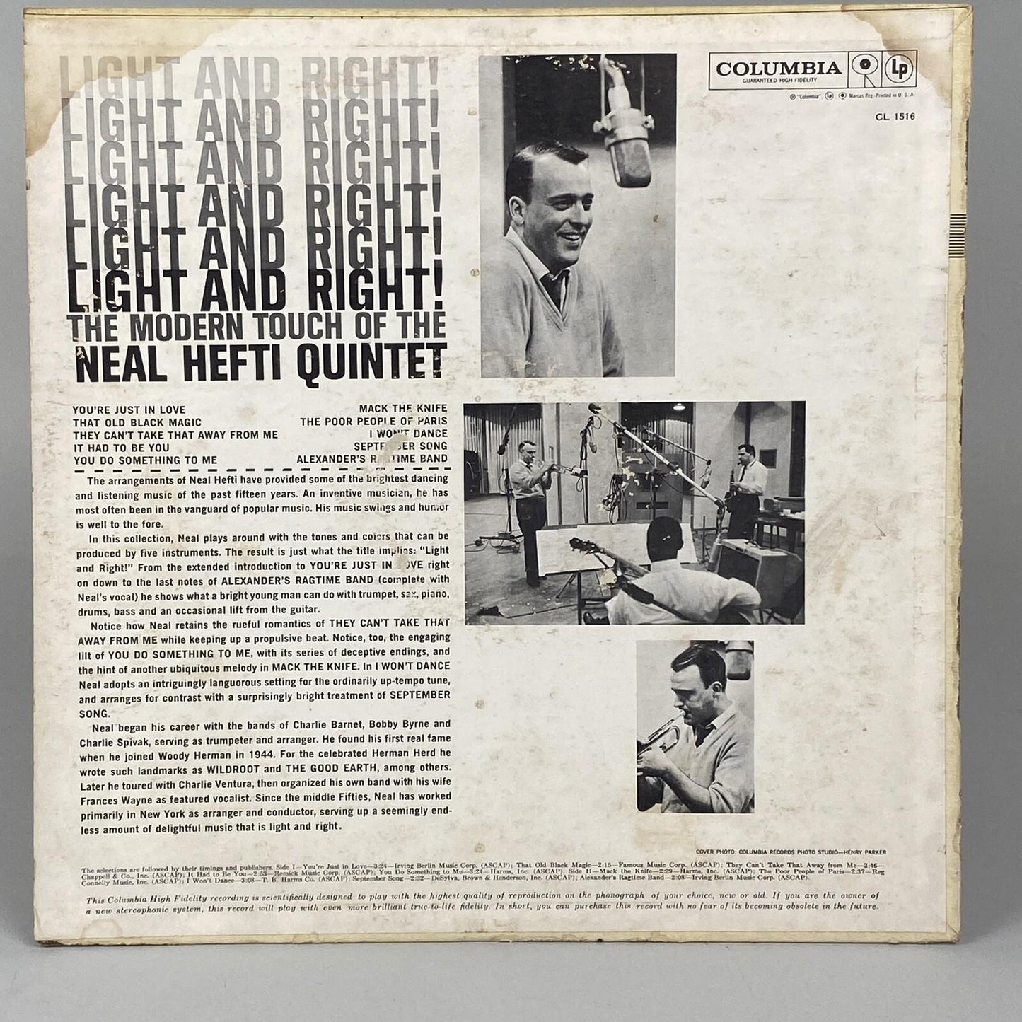 Light and Right! - Neal Hefti Quintet, Columbia Records Six Eye (6 Eye) Vinyl