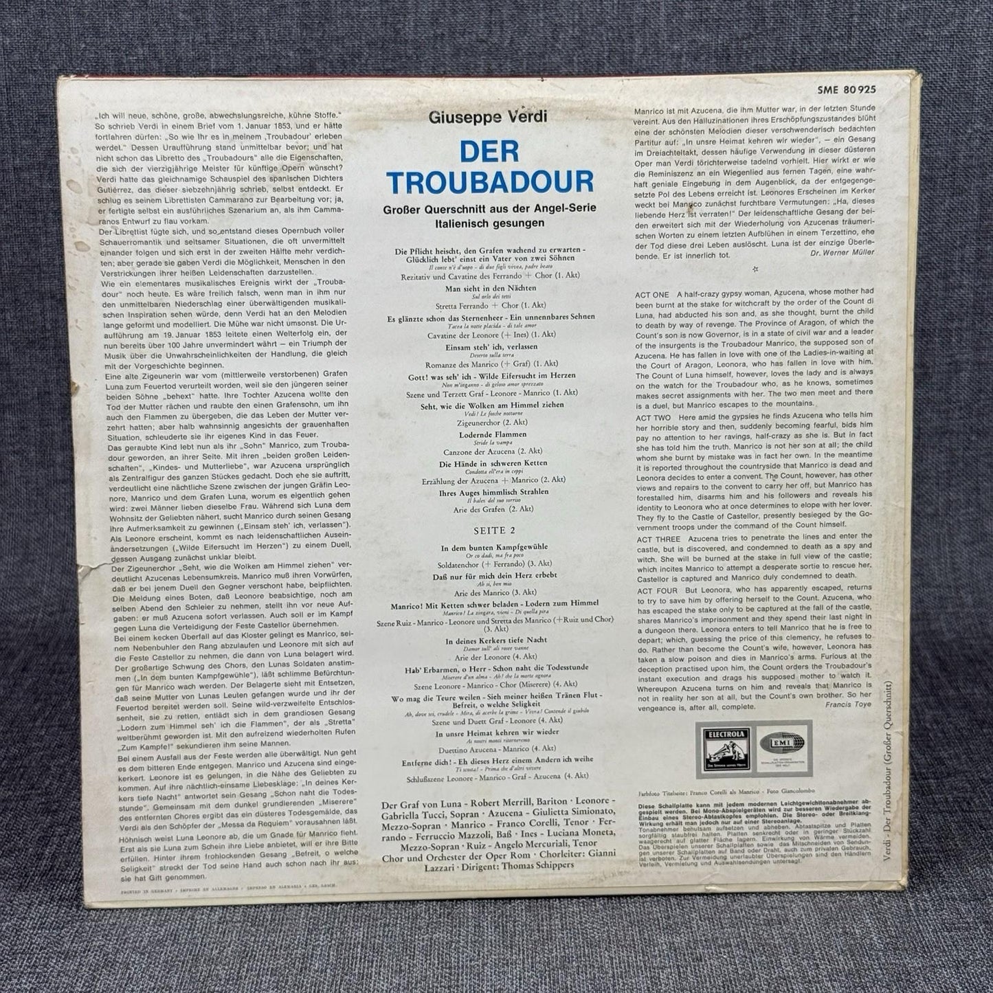 Giuseppe Verdi Der Troubadour SME 80925 Electrola Vinyl Record - NEAR MINT