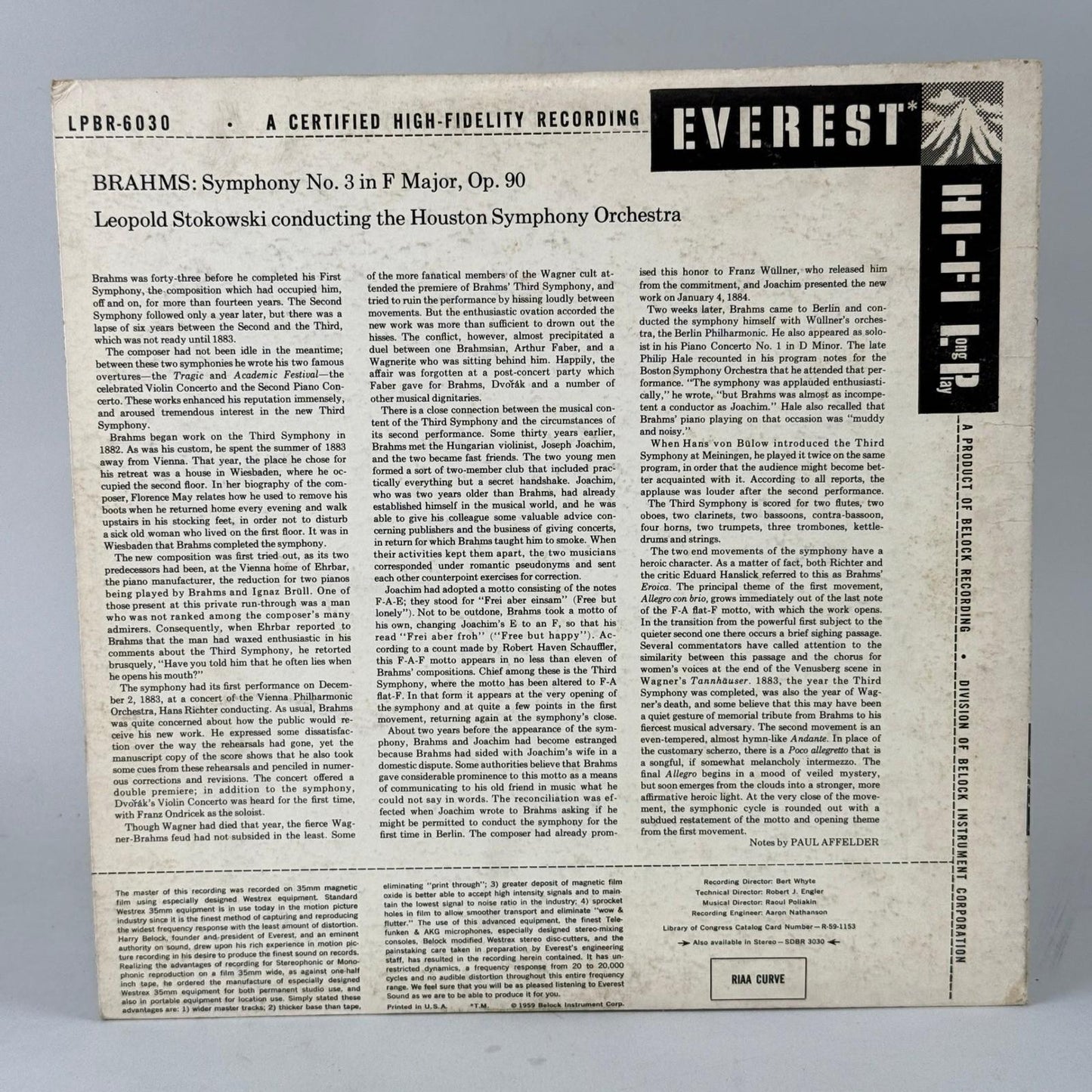 Brahms Symphony No 3 Stokowski Houston Symphony Vinyl Record EX-NM