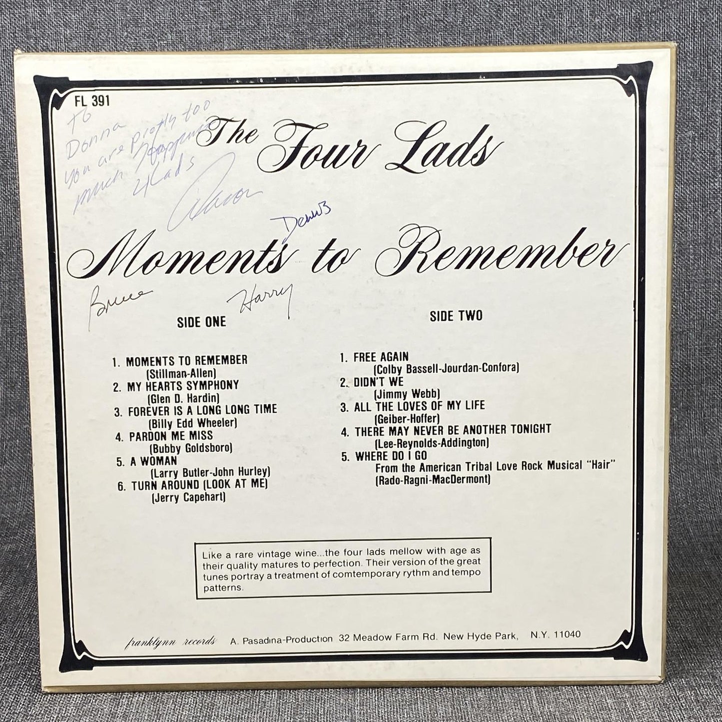 SIGNED THE FOUR LADS Moments To Remember Vinyl LP Franklynn FL 391 NM