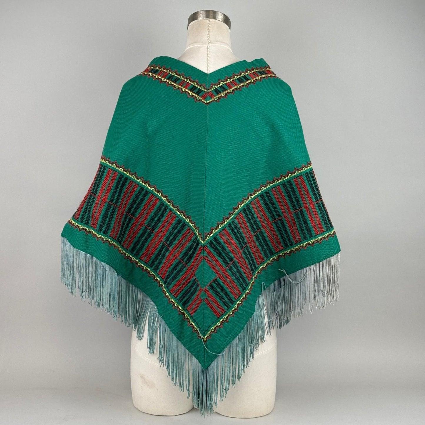 Vintage Southwestern Style Poncho Women OS Green Embroidered Fringe Cape