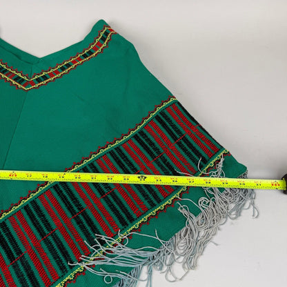 Vintage Southwestern Style Poncho Women OS Green Embroidered Fringe Cape