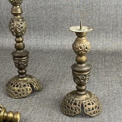 Vintage Dragon Brass 4 Section Pillar Candlesticks Adjustable 5.5", 9.5", 14"