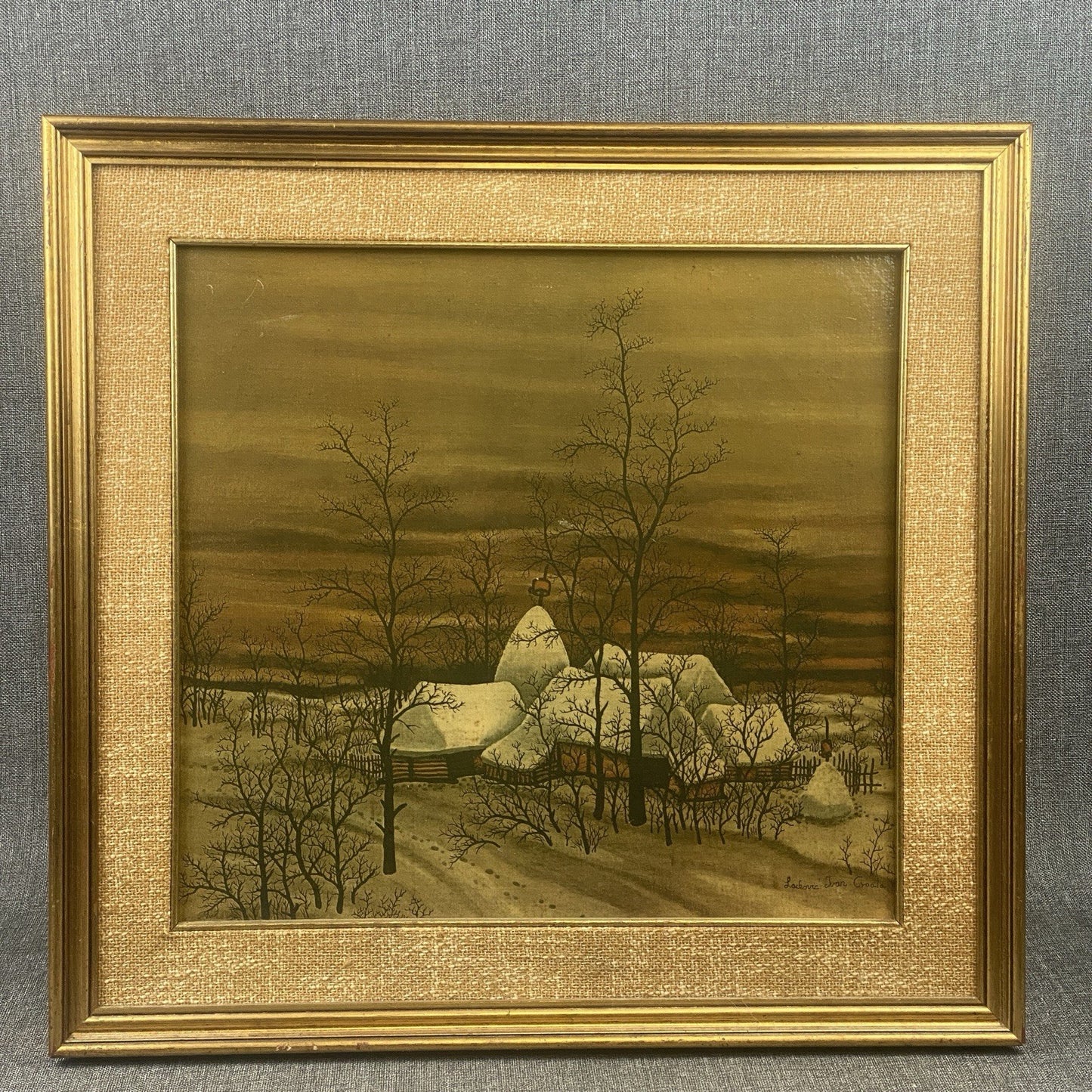 Ivan Lackovic Croatia Winter Scene Vtg. Print on Canvas Framed 23"x 22"  1960's