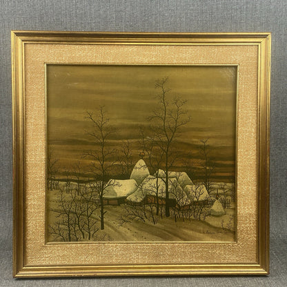 Ivan Lackovic Croatia Winter Scene Vtg. Print on Canvas Framed 23"x 22"  1960's