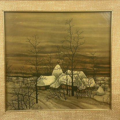 Ivan Lackovic Croatia Winter Scene Vtg. Print on Canvas Framed 23"x 22"  1960's