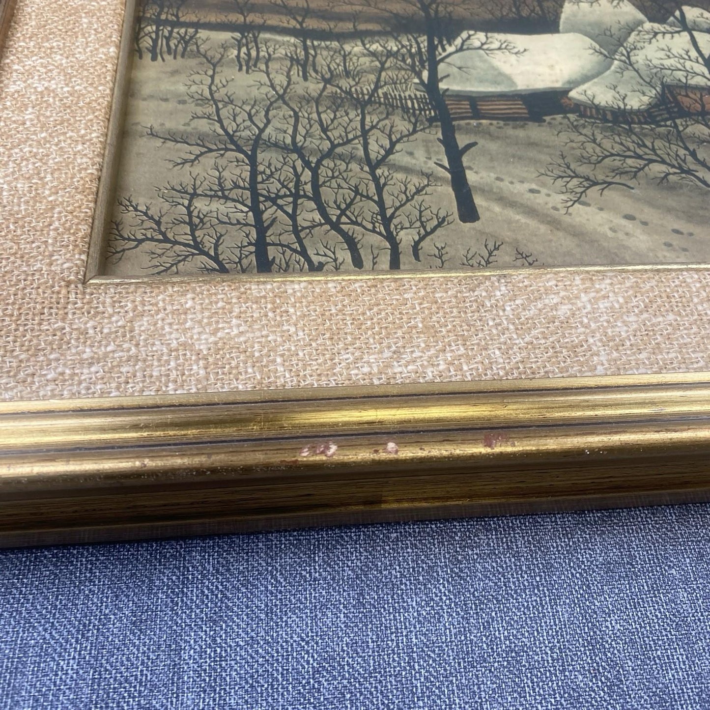 Ivan Lackovic Croatia Winter Scene Vtg. Print on Canvas Framed 23"x 22"  1960's