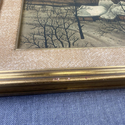 Ivan Lackovic Croatia Winter Scene Vtg. Print on Canvas Framed 23"x 22"  1960's
