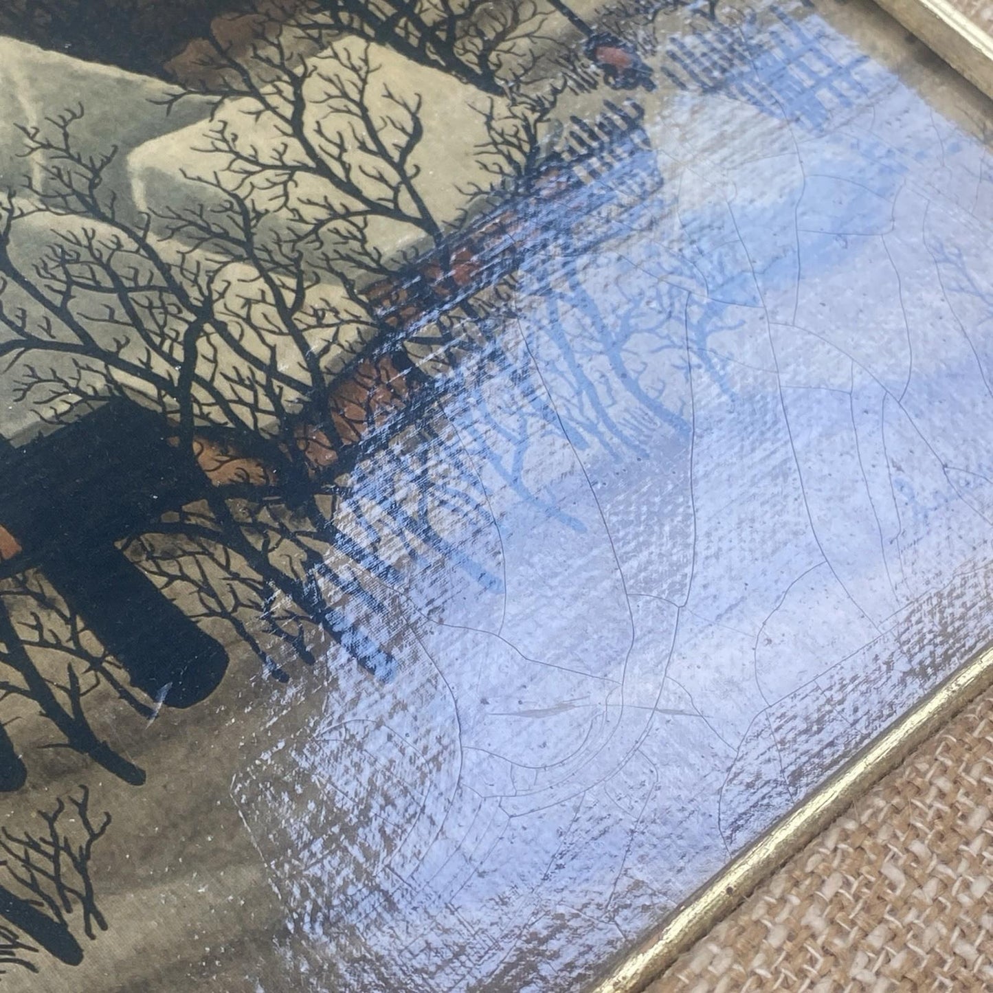 Ivan Lackovic Croatia Winter Scene Vtg. Print on Canvas Framed 23"x 22"  1960's