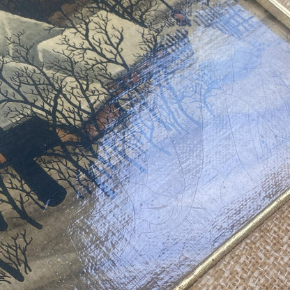 Ivan Lackovic Croatia Winter Scene Vtg. Print on Canvas Framed 23"x 22"  1960's
