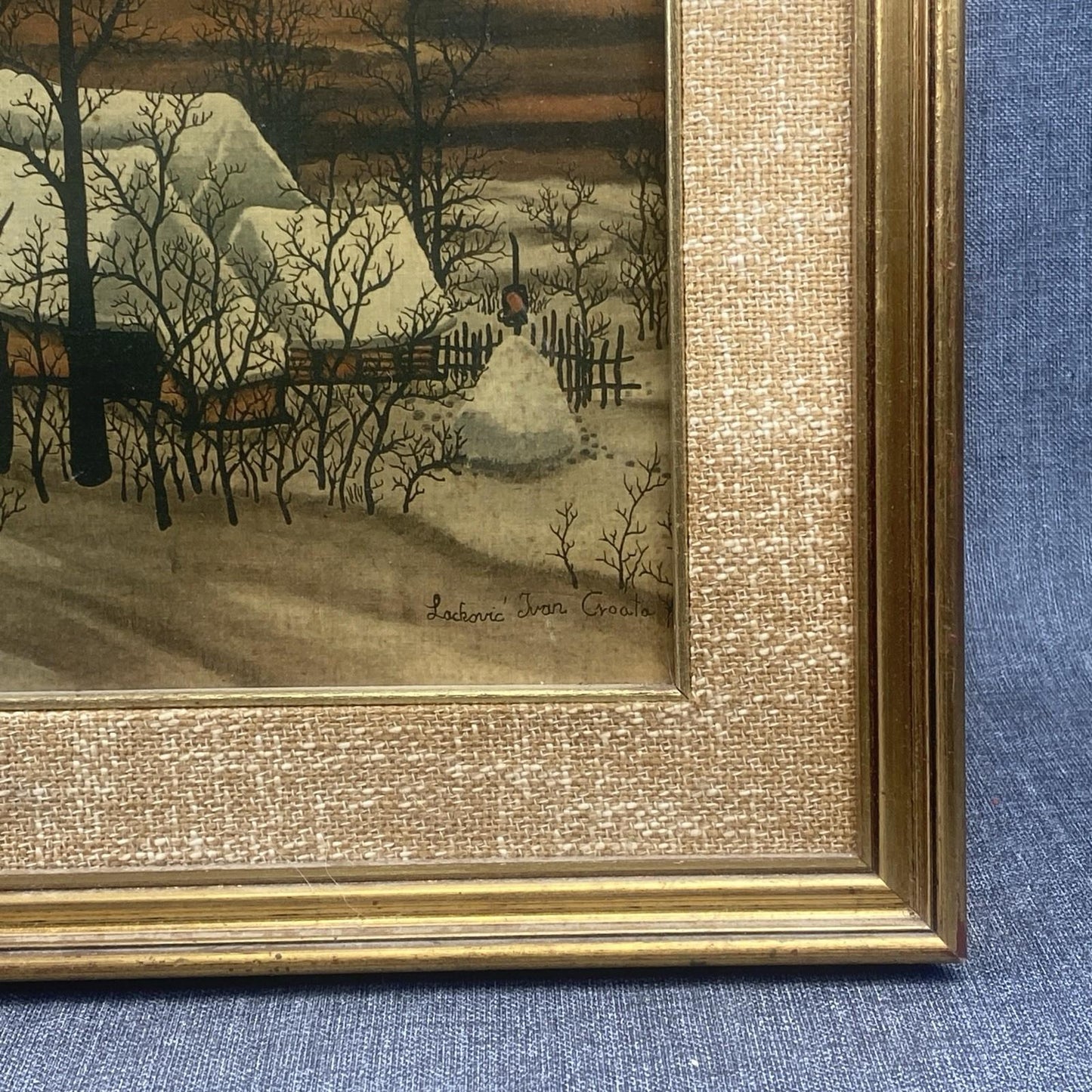 Ivan Lackovic Croatia Winter Scene Vtg. Print on Canvas Framed 23"x 22"  1960's