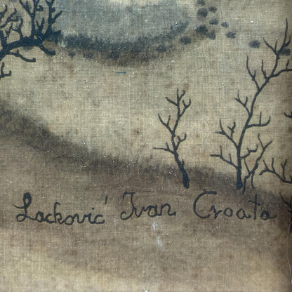 Ivan Lackovic Croatia Winter Scene Vtg. Print on Canvas Framed 23"x 22"  1960's