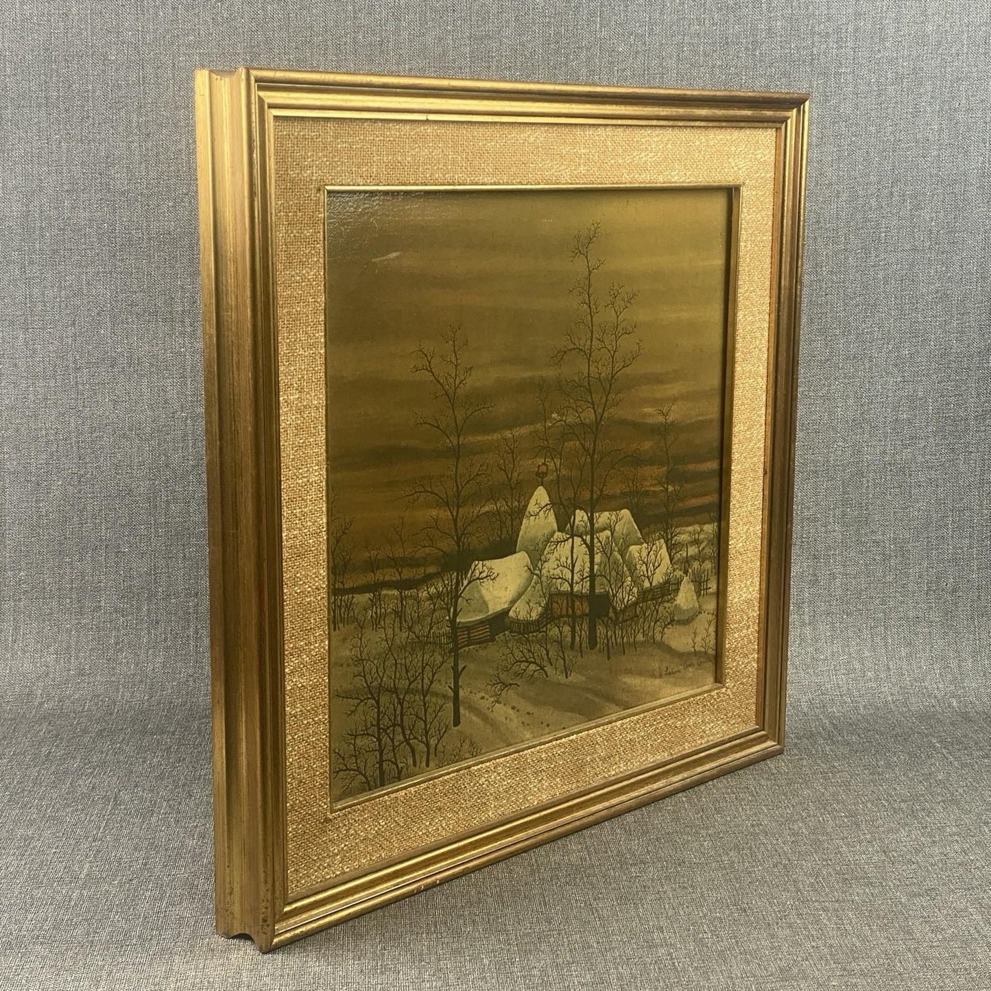 Ivan Lackovic Croatia Winter Scene Vtg. Print on Canvas Framed 23"x 22"  1960's