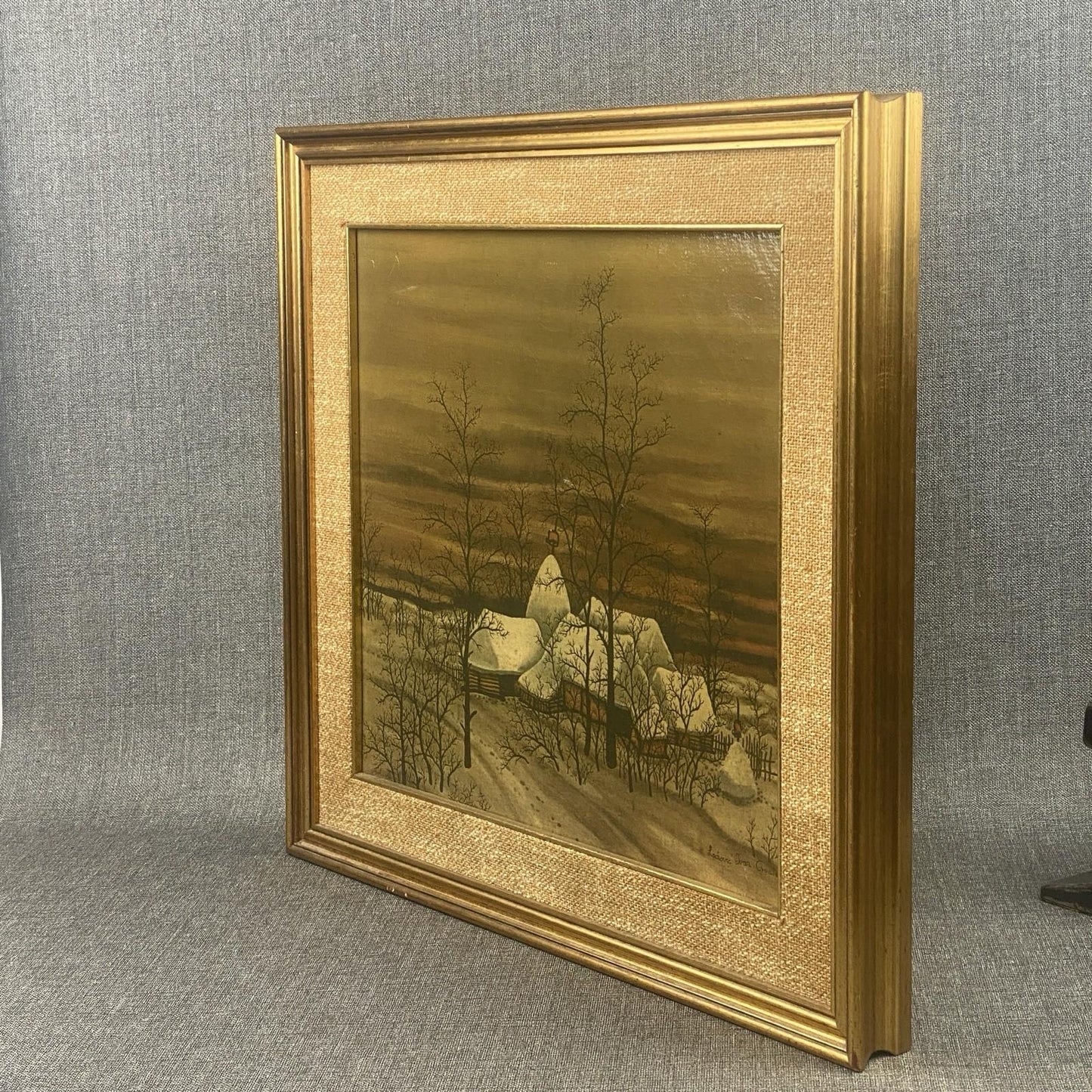 Ivan Lackovic Croatia Winter Scene Vtg. Print on Canvas Framed 23"x 22"  1960's