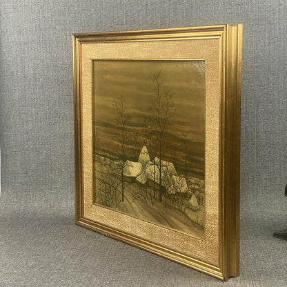 Ivan Lackovic Croatia Winter Scene Vtg. Print on Canvas Framed 23"x 22"  1960's