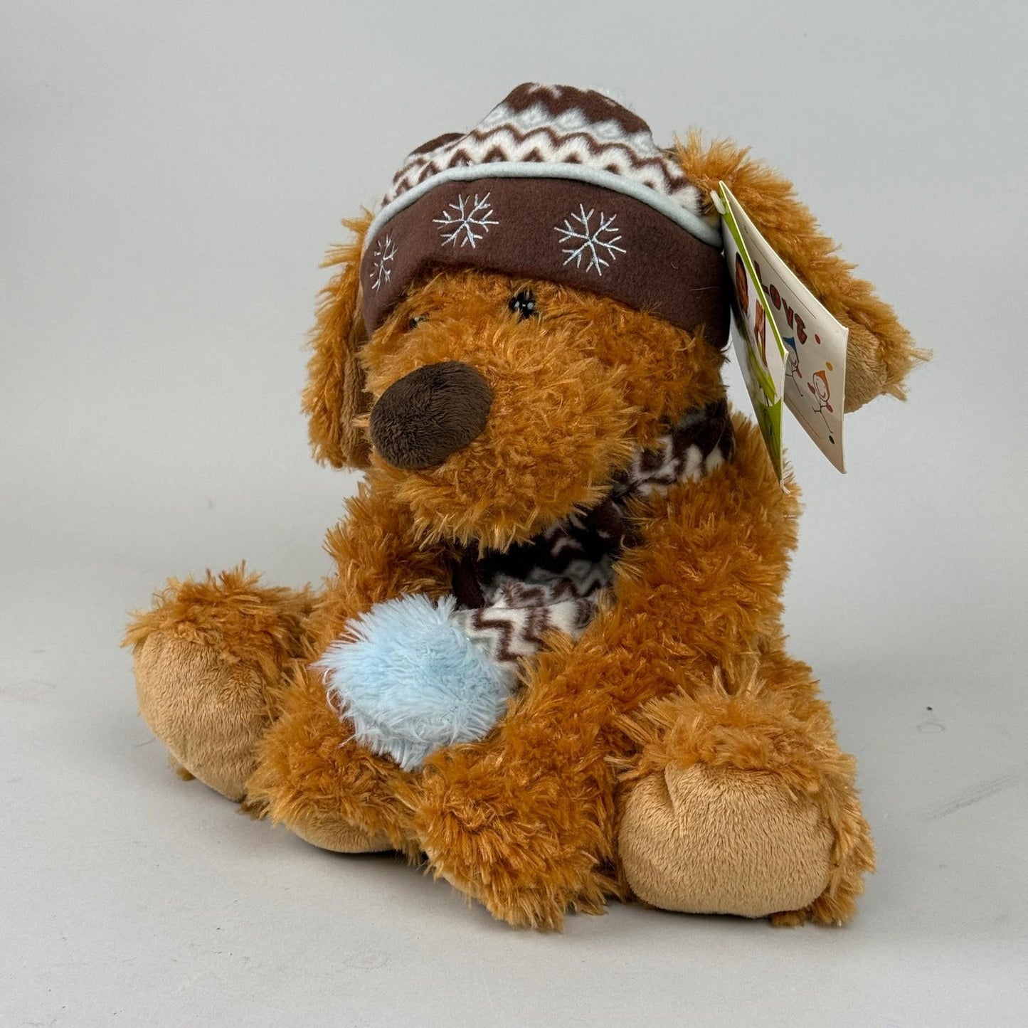 Hugfun 15" Brown Puppy Dog Blue Brown Hat Scarf Winter Holiday Stuffed Plush