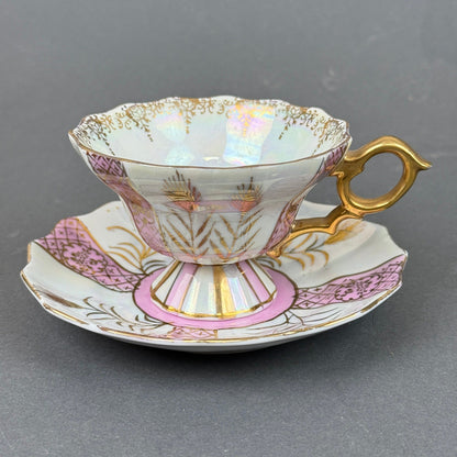 Vintage Teacup and Saucer Set Pink Gold Lusterware Iridescent hand painted